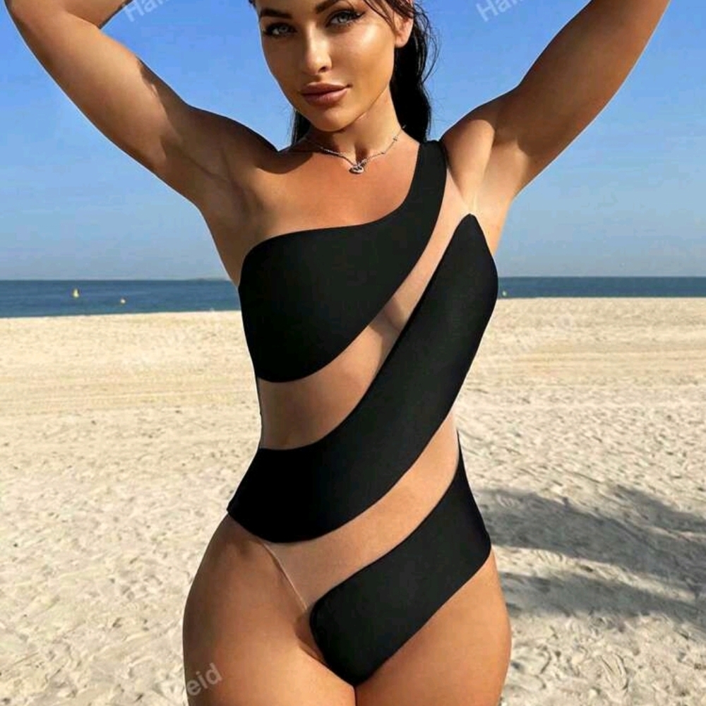 Women's Solid Color One Shoulder Strap Mesh Patchwork Sexy One-Piece Swimsuit